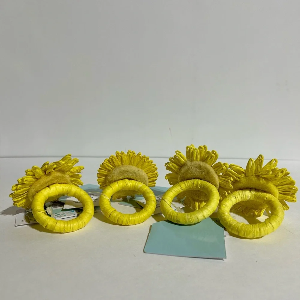 Sunflower Yellow Napkin Rings 2” Woven Raffia Spring Summer Place Set 4 NEW